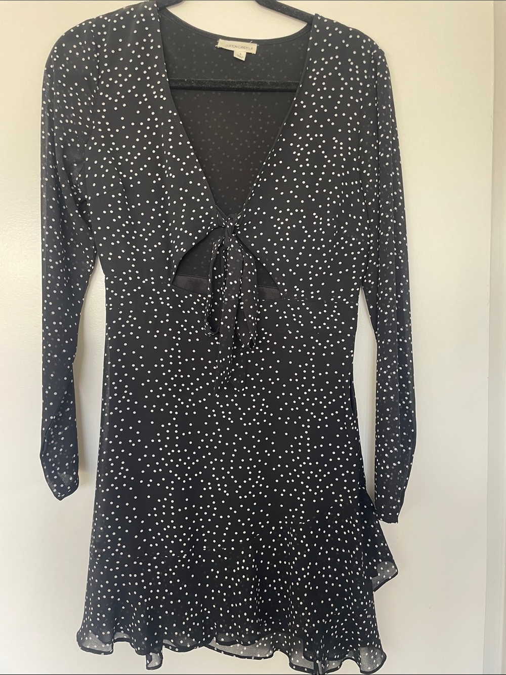 Black and White Polka Dot Tie-Front V-Neck Tunic